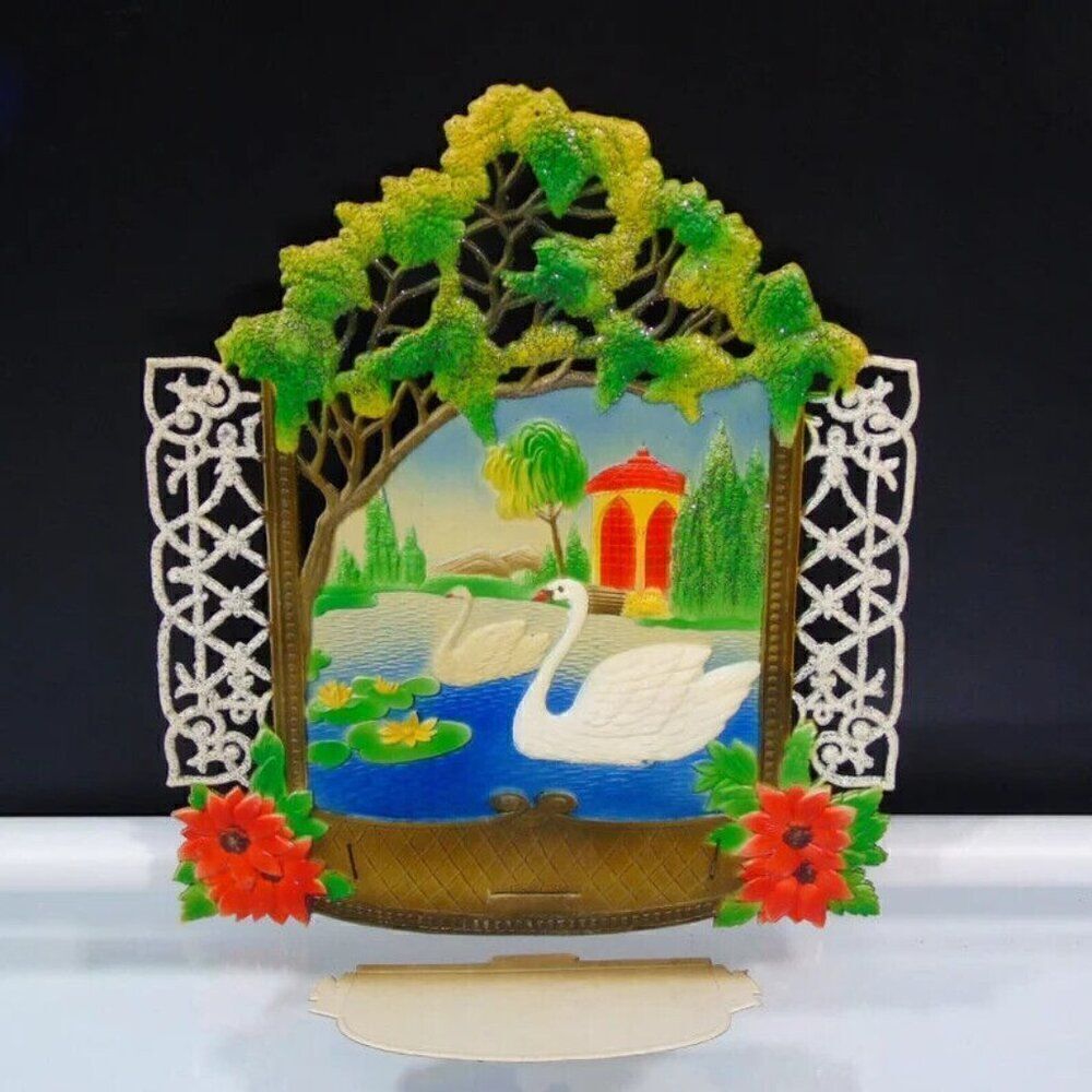 Swan Pond Vintage Wall Art Western Germany Die Cut 1950s Gift Calendar Topper